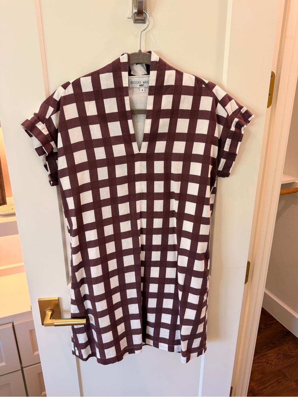 Brooke Wright Burgundy & White Check V-Neck Mini Dress